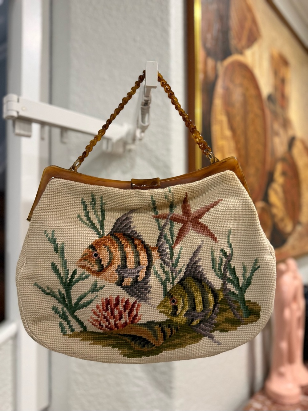 Vintage Embroidered Fish Motif Shoulder Bag Handle Bag - Beige - Picture 3 of 16